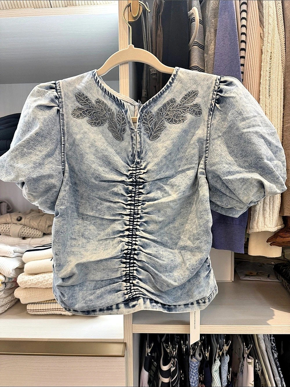Commense COTTON ON Embroidered Denim Puff Sleeve Top NWT